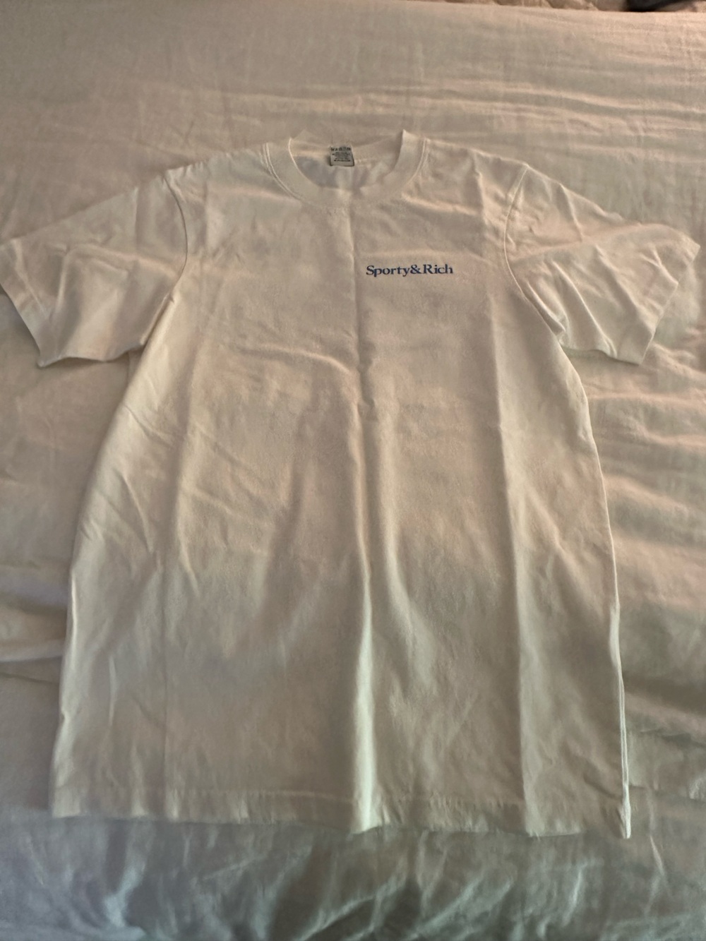 Sporty & Rich White Tee with Small Navy Logo